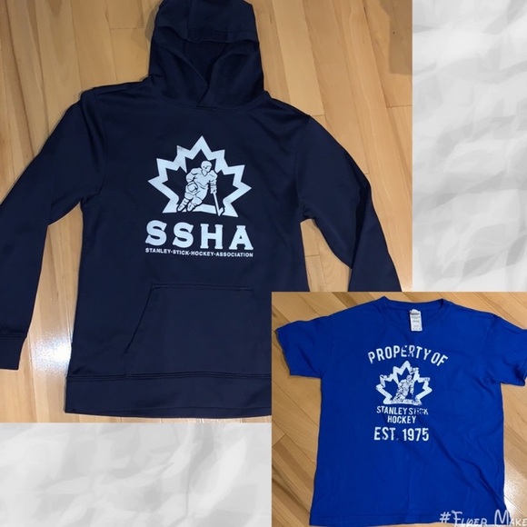 Boys ATC Navy Blue Stanley Stick Hockey Association hoodie & Short Sleeve- sz YM - Picture 1 of 16